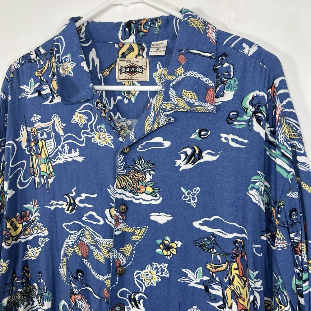 VTG 90s Creative Edge Hawaiian Shirt Mens Size XL Blue Beach AOP 100% Rayon